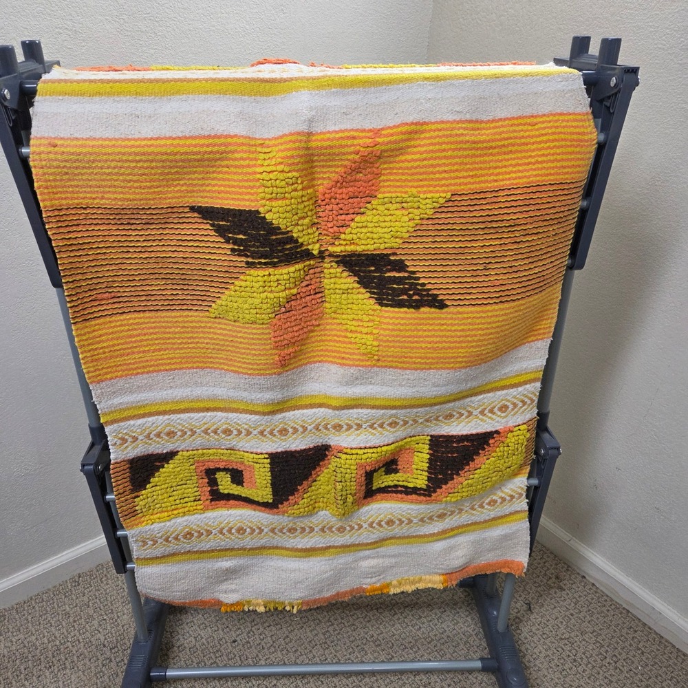 Vintage Southwestern Woven Rug Star Geometric Orange Yellow Brown 51x27